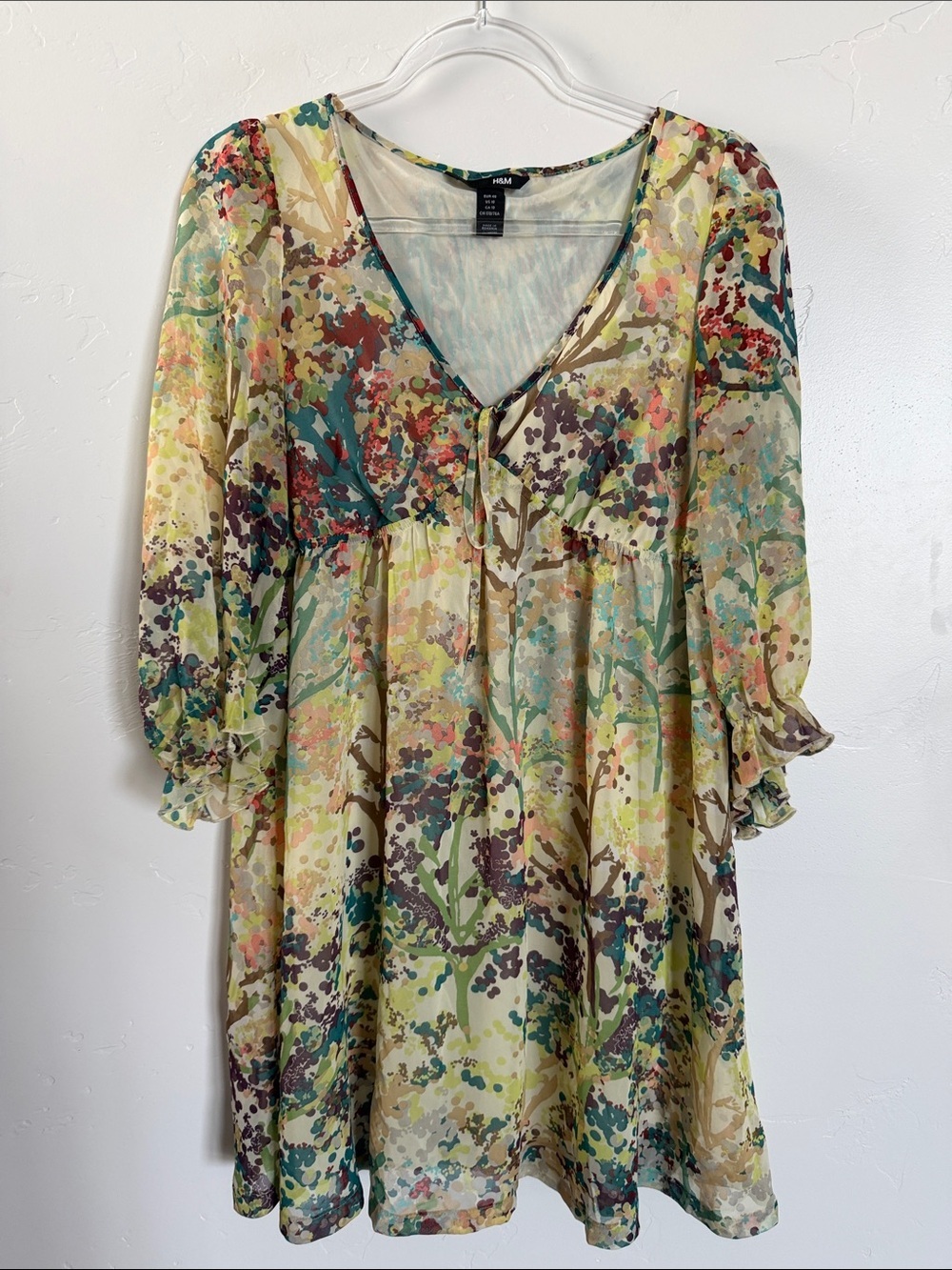 H&M Sheer Floral V-Neck Babydoll Dress